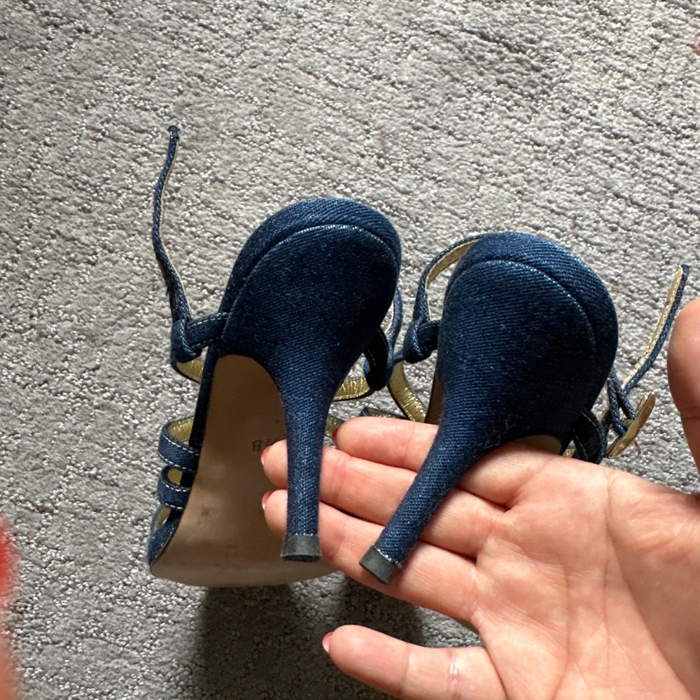 Escada Denim & Gold Whipstitch Strappy High Heel Sandals Size 7.5B - Picture 4 of 5